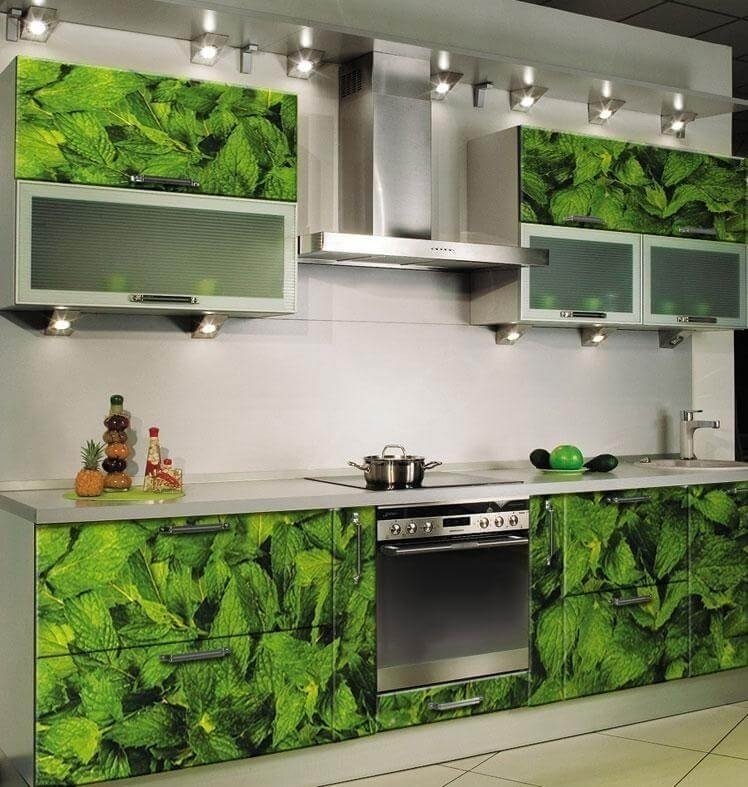 Кухни акриловые фасады салатовый с фотопечатью