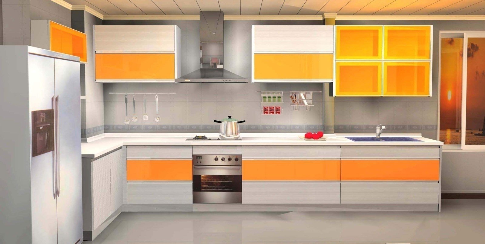 Оранжевая кухня с алюминиевой окантовкой