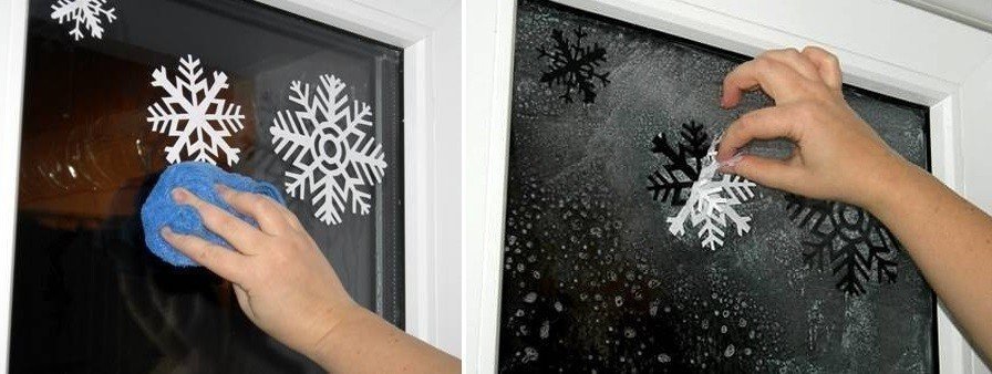 Красиво наклеить снежинки на окно